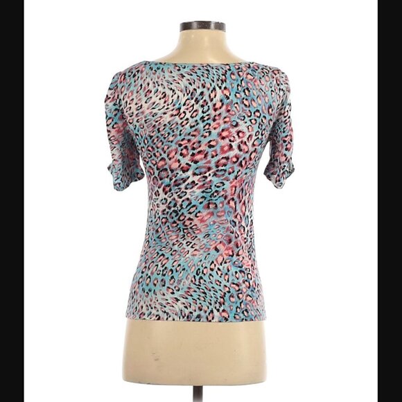 Ellen Tracy Top XS Silk Leopard Print Sheer Ruched Animal Pink Blue Bloomingdale - Picture 5 of 8